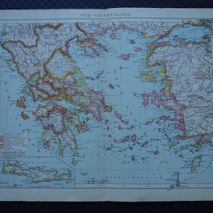 1917 GREECE old map of Greece in antiquity - original detailed Dutch vintage history map about Greek tribes Dorians Ionians Thrace Crete