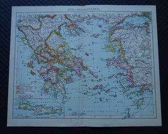 1917 GRIEKENLAND oude kaart van Griekenland in de oudheid - originele gedetailleerde Nederlandse vintage historische kaart over Griekse stammen: Doriërs, Ioniërs, Thracië, Kreta