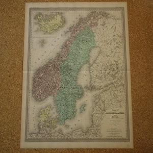 Antike Karte von Norwegen Schweden Dänemark Original 1880 alter Druck Vintage große Karten