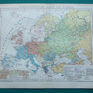 Antique Ethnographic map of Europe 1902 original old print about European continent Ethnography Ethnicity people nations vintage maps