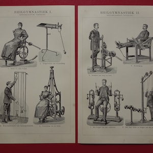 FITNESS antiguo conjunto de dos impresiones deportivas 1908 originales máquinas de equipos de gimnasio antiguos deporte escuela entrenamiento ilustración imágenes vintage