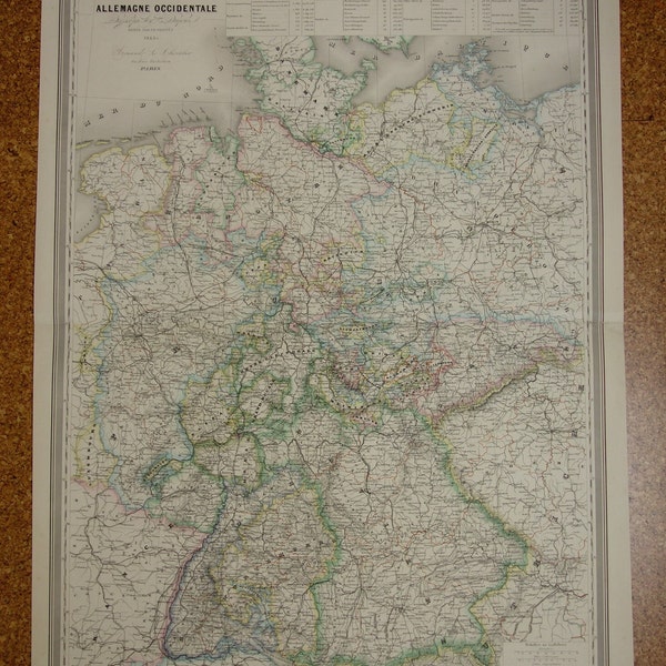 GERMANY old map LARGE 1863 beautiful original antique poster of western Germany - vintage maps Deutschland alte karte 23x33" big