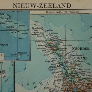 Oude vintage kaart van Nieuw-Zeeland in 1937 Kleurrijke Nederlandse retroprint Chatham Wellington Cook Islands-kaarten - oude kaart van Nieuw Zeeland
