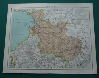 Ancienne carte hollandaise de la province d'Overijsel, 1921 Ancienne gravure originale sur Overijssel Hollande Pays-Bas Zwolle Meppel Ommen Almelo Enschede