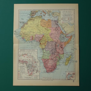 AFRIKA alte Landkarte Afrika 1928 original Vintage Print über afrikanischen Kontinent detaillierte koloniale Landwirtschaft Landkarten Kolonien Afrika kleines Poster