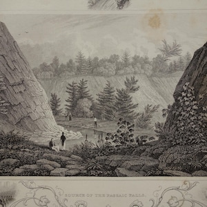 Vista della sorgente delle cascate di Passaic, incisione antica del 1851, illustrazione del fiume Passaic, vecchia stampa storica degli Stati Uniti