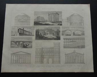 ROMAN Architecture old print 1870 antique pictures of Pantheon Rome  Porta Nigra Pompeii history poster prints 10x13" vintage illustration