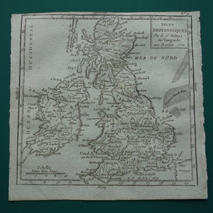 Mapa antiguo de las Islas Británicas de Inglaterra e Irlanda de 1793 Impresión francesa original de más de 230 años sobre el Reino Unido, Gran Bretaña, pequeños mapas históricos antiguos