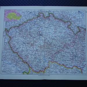 Mapa antiguo de Bohemia, Moravia y Silesia (1928). Grabado antiguo alemán sobre la República Checa, Praga, Budweis, Pilsen y Brno. Mapas antiguos.