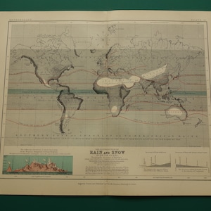 Mapa del mundo antiguo de la lluvia y la nieve en el océano, mapas originales de geografía física antigua de 1879, mapa del tiempo y el clima de A.K. Johnston