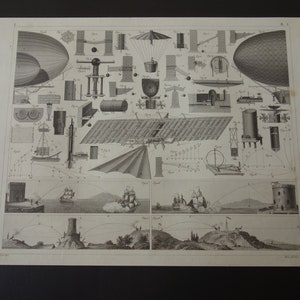 May include: A vintage monochrome print showcasing detailed diagrams of airship designs and mechanical parts. The print also features illustrations of sailing vessels and coastal landscapes, reflecting a historical scientific theme.