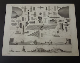 Oude technologieprint uit 1849, originele antieke illustratie van een vliegtuig, vliegende afbeeldingen van een Henson-vliegmachine, zwaartekracht-Zeppelin-prints.