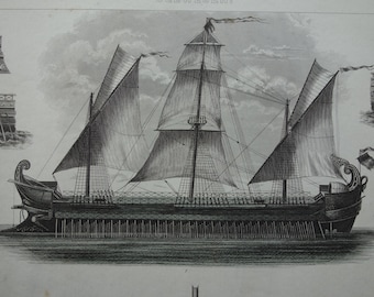 Old print of galley ship Antique Greek Hellenistic Pentere ships prints vintage galleys illustration historical warships