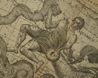 CAPRICORN old astrology print - original vintage astronomy map of Aquarius Capricorn sign constellation - stars zodiac antique illustration