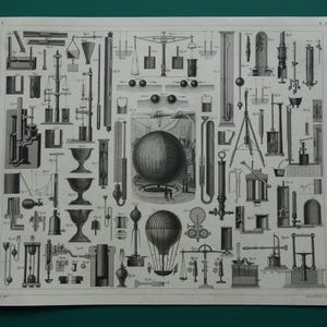 HIDROSTÁTICA, lámina científica antigua de 1849, póster original de tecnología antigua con imágenes de instrumentos científicos sobre física, gases y líquidos. imagen 2