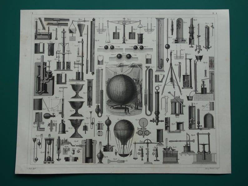 HIDROSTÁTICA, lámina científica antigua de 1849, póster original de tecnología antigua con imágenes de instrumentos científicos sobre física, gases y líquidos. imagen 2