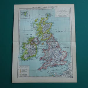 Carte des îles britanniques de la Grande-Bretagne de 1937 - carte vintage originale sur l'Angleterre, l'Irlande, le Pays de Galles, l'Écosse - vieille impression néerlandaise détaillée Royaume-Uni