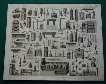 Meer dan 175 jaar oude afbeeldingen van glaswerk en ovens voor experimenten met reageerbuizen - antieke wetenschappelijke prent over een scheikundelab, laboratoriumposter 9x11 inch