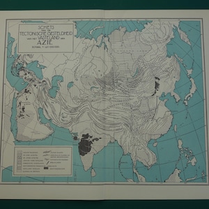 Alte Karte von Asien 1938 original vintage tektonischen Geologie Druck über den asiatischen Kontinent