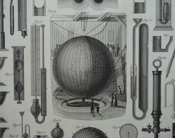 Hydrostatica, een oude wetenschappelijke prent uit 1849, een originele antieke technologieposter met afbeeldingen van wetenschappelijke instrumenten over natuurkunde, gas en vloeistofdruk.