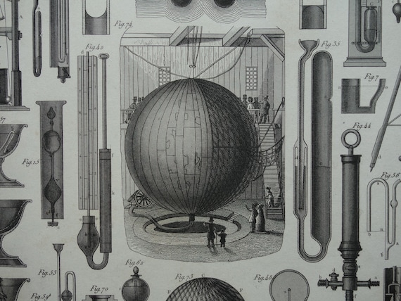 HYDROSTATICS old science print 1849 original antique technology poster pictures of scientific instruments about physics gas liquid pressure
