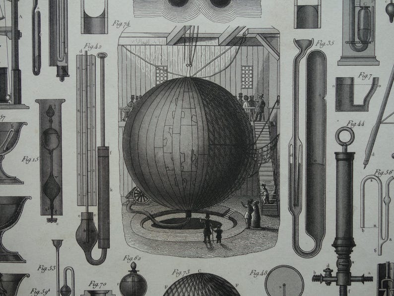 HIDROSTÁTICA, lámina científica antigua de 1849, póster original de tecnología antigua con imágenes de instrumentos científicos sobre física, gases y líquidos. imagen 1