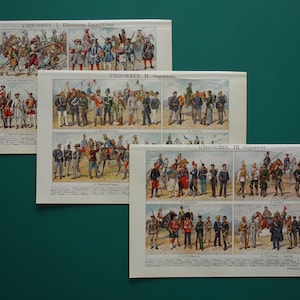 ARMY UNIFORMS print set of 3 original antique military prints old vintage pictures of uniform history fashion clothing historical images