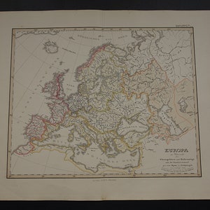 EUROPE ancienne carte géologique de l'Europe - belle gravure originale coloriée à la main de 1859 - affiche ancienne sur le continent Europe - 35 x 40 cm