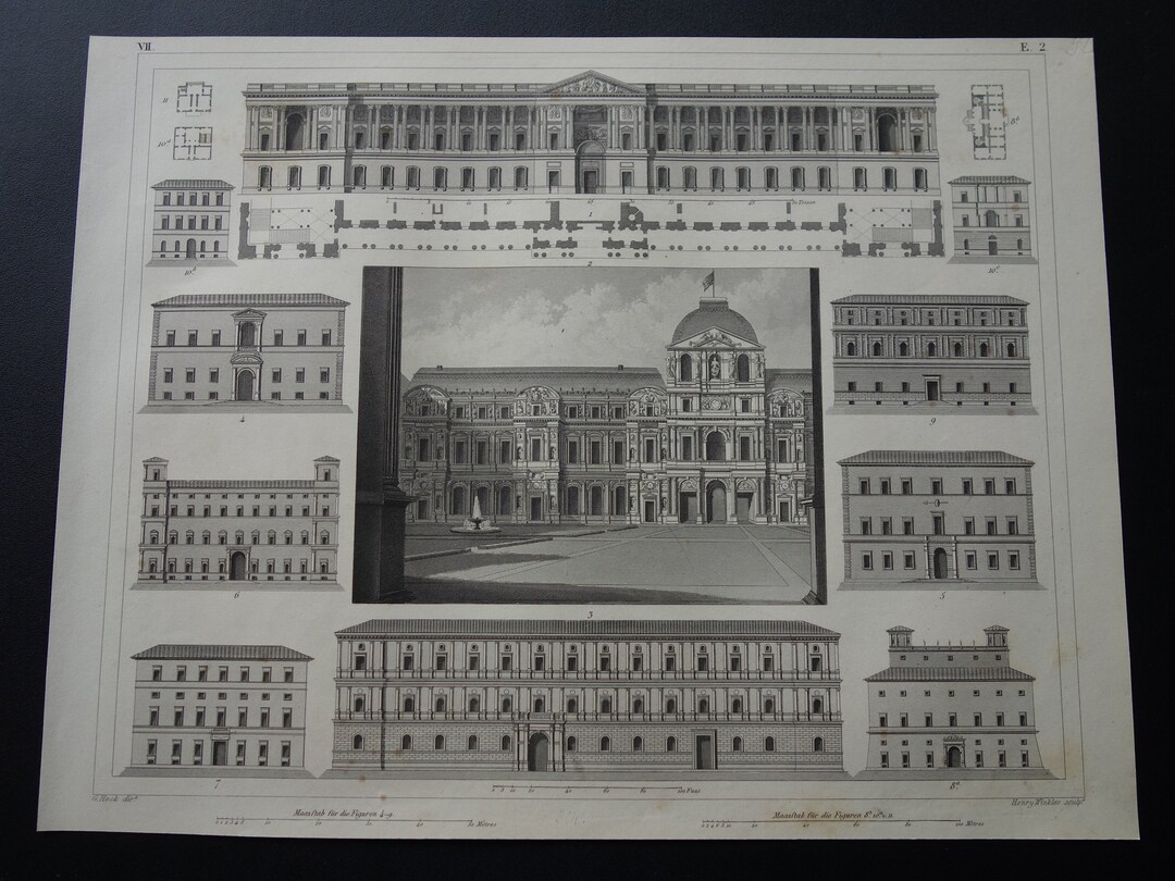 Vintage Architecture Prints 170 Years Old Print of Louvre Palace Paris
