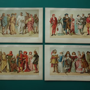 Old fashion print with pictures of clothing history traditional costumes historical antique illustration set 4 prints original vintage