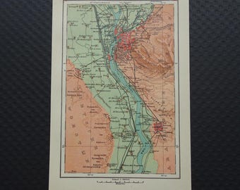 Antique map of Cairo and Pyramids Egypt 1909 Original Dutch old print about Memphis Gizeh Cheops Helwan small vintage maps