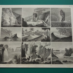Alter GEOLOGIE Druck von Vulkanen und Wasserfällen 170+ Jahre alter antiker naturwissenschaftlicher Druck über Krater Vulkane - Vintage Drucke zum Rahmen