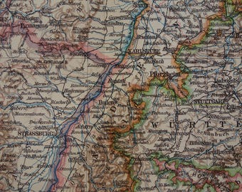 1931 old map of Baden Württemberg Germany - vintage print with inset maps about languages spoken linguistic Alsace Lorraine - Schwarzwald
