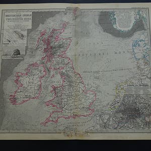 ENGELAND oude kaart van Groot-Brittannië 1884 grote originele antieke handgekleurde kaarten van de Britse eilanden, Ierland, grote kaarten van het Verenigd Koninkrijk, grote noordzee, uit 1884