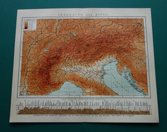 ALPS old map of the Alps 1914 original vintage Dutch panorama print Matterhorn Monterosa mountain peaks vintage maps Italy Austria Swiss