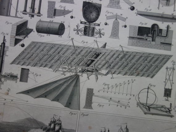 FLIGHT old print 1849 small antique technology poster about flying pictures of scientific instruments about Henson machine gravity zeppelin