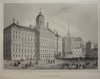 Dam Square Amsterdam old print 1858 original antique engraving city view panorama Amsterdam Royal Palace - small vintage prints