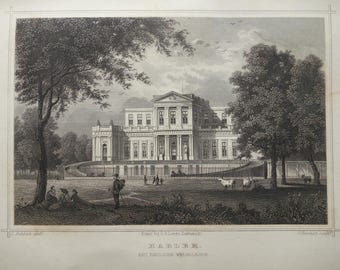 Haarlem old print 1858 original antique engraving Paviljoen Welgelegen panorama - small vintage prints province Noord-Holland Netherlands
