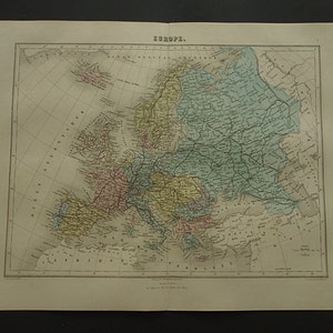 EUROPA Vintage Landkarte Europa handkoloriert 1883 original antikes Poster Europäischer Kontinent alte Landkarten Detaildruck - 34x47c 13x19" groß