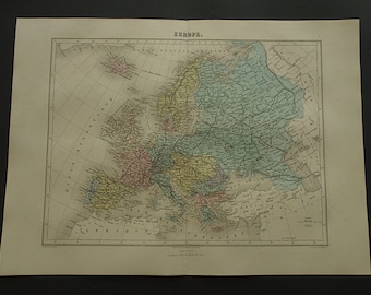 May include: A vintage map of Europe, featuring detailed geographical information. The map is colored with various hues, including green, yellow, pink, and blue, highlighting different regions. The title "Europe" is printed at the top.