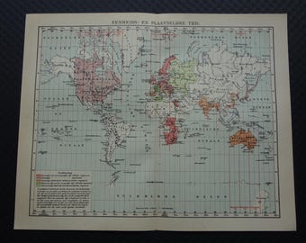 世界のタイムゾーンマップ ヴィンテージの世界地図 1907年オリジナル