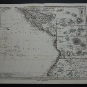 Mapa antiguo grande de Polinesia y el océano Pacífico, póster antiguo original de 1875, mapas de Oceanía, Hawái, Galápagos, Islas Tahití, Honolulu, 14 x 18 pulgadas