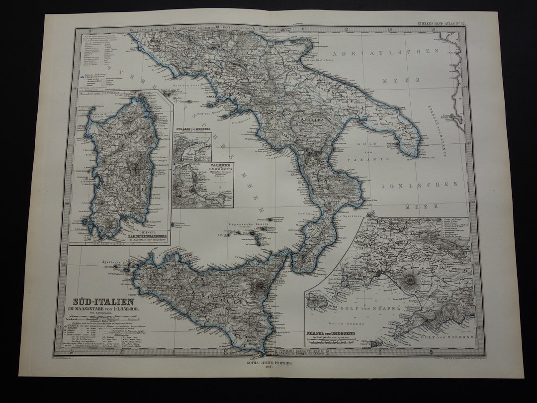 ITALY Old Map of Italy 1877 Original Antique Print About Sicily