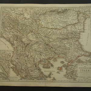 Original 1859-Karte der Europäischen Türkei handkolorierter alter Druck über Osmanisches Reich im Balkan mit Serbien und Bosnien Vintage Karten