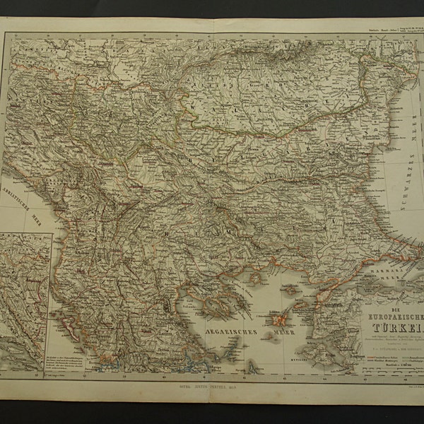 Large 1859 map of the European Turkey - original hand-colored old print about Ottoman empire Serbia Bosnia Bulgaria Sofia Mostar - 14x18"