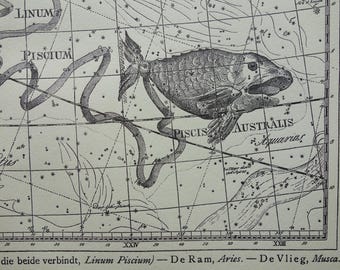 ASTROLOGY antique print Pisces Aries old star chart Dutch vintage astronomy poster of zodiac sign Pisces hemisphere constellation stars