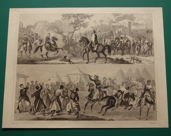 Impresión antigua sobre el Imperio Otomano Pasha Jereed 1849 ilustración original del antiguo ejército - impresiones vintage Turquía uniformes de juegos turcos