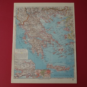 Carte ancienne de Grèce de la Grèce de 1931, imprimée ancienne originale détaillée sur Athènes, Attique, Crète, cartes détaillées de la Grèce 10 x 12"
