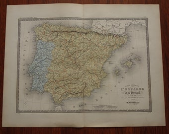 May include: An antique map of Spain and Portugal, printed in black and white with hand-colored details. The map shows the provinces of Spain and Portugal, as well as the major cities and towns. The map is titled "Carte Generale de L'Espagne et du Portugal" and is dated 1838.