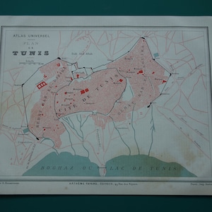 Vecchia mappa di Tunisi Tunisia 1877 originale antica mappa della città di Tunisi Boghaz dettagliate mappe d'epoca stampa 9x12"